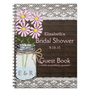 Rustic Mason Jar Pink Flowers Shower Guest Book
