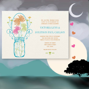 Rustic Mason Jar Pink Orange Die Cut Flora Wedding Invitation