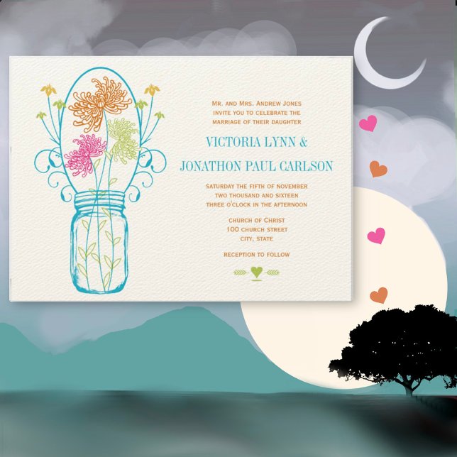 Rustic Mason Jar Pink Orange Die Cut Flora Wedding Invitation (Creator Uploaded)