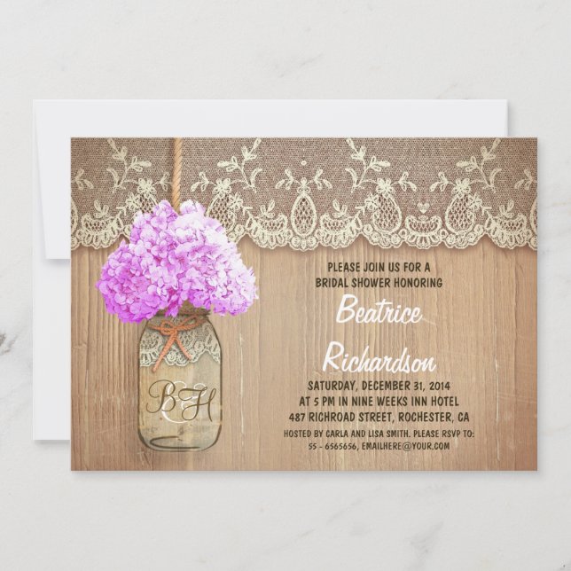 rustic mason jar purple hydrangea bridal shower invitation (Front)