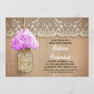rustic mason jar purple hydrangea bridal shower invitation