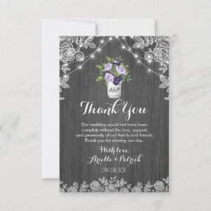 Rustic Mason Jar Purple Silver Grey Floral Wedding Thank You Card
