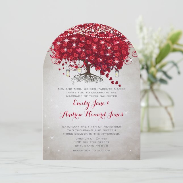 Rustic Mason Jar Red Tree Brown Trunk Wedding Invitation (Standing Front)