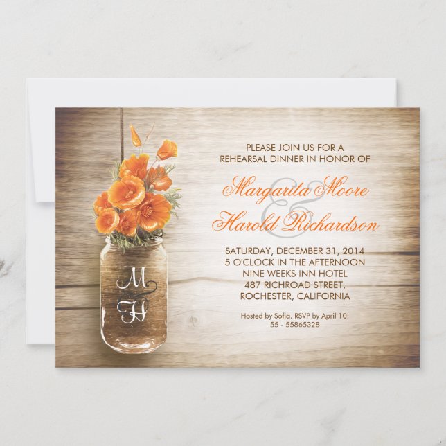 rustic mason jar rehearsal dinner invitations (Front)