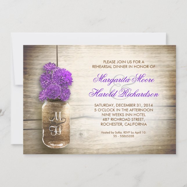 rustic mason jar rehearsal dinner invitations (Front)