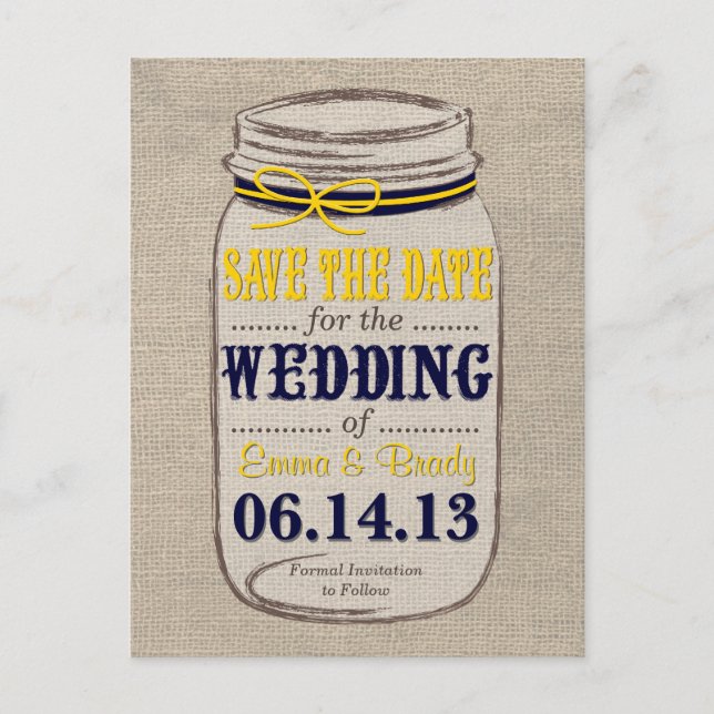 Rustic Mason Jar Save the Date Yellow Navy Announcement Postcard (Front)