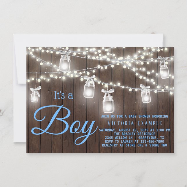 Rustic Mason Jar String Light Baby Boy Shower Invitation (Front)