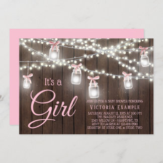 Rustic Mason Jar String Light Baby Girl Shower Inv Invitation
