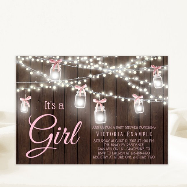 Rustic Mason Jar String Light Baby Girl Shower Invitation (Cute rustic string lights, jars and bows baby shower invitation. Simply add your event details.)