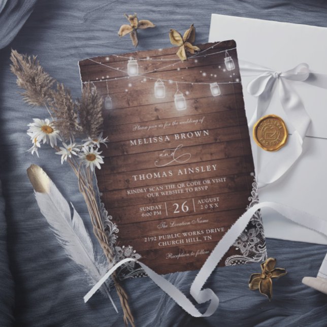 Rustic Mason Jar String Light Lace QR Code Wedding Invitation (Creator Uploaded)