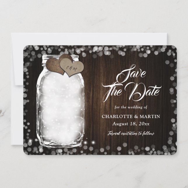 Rustic Mason Jar String Lights Barn Wood Wedding Save The Date (Front)