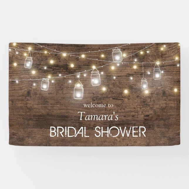 Rustic Mason Jar String Lights Bridal Shower Banner (Horizontal)
