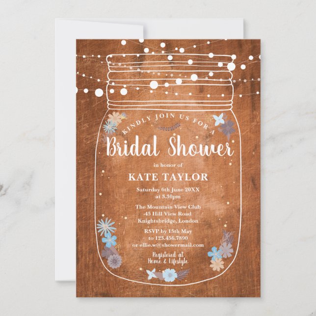Rustic Mason Jar String Lights Bridal Shower Invitation (Front)