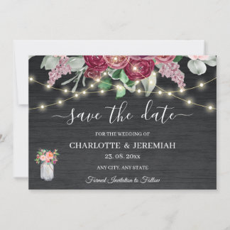 Rustic Mason Jar String Lights Burgundy Wedding Save The Date