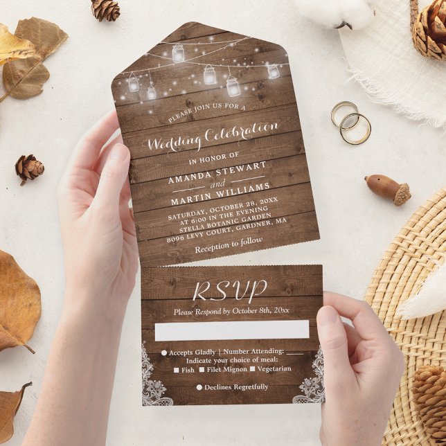 Rustic Mason Jar String Lights Country Wedding All In One Invitation (Creator Uploaded)