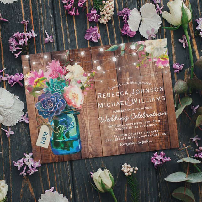 Rustic Mason Jar String Lights Floral Wedding Invitation (Creator Uploaded)