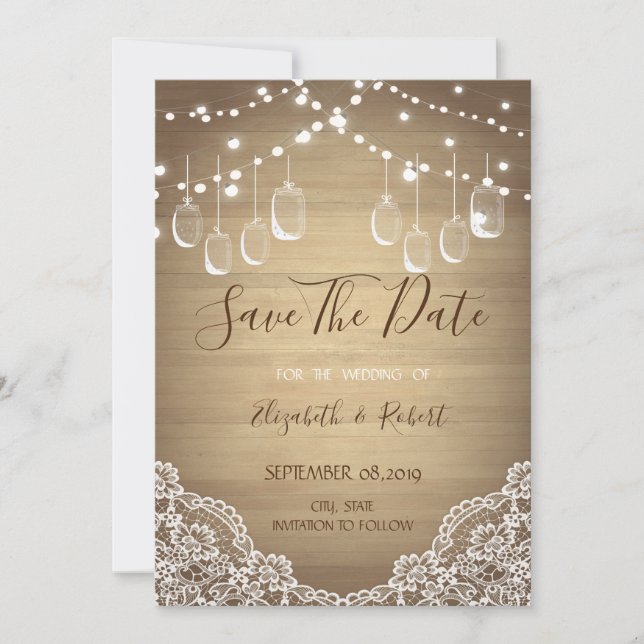 Rustic Mason Jar,String Lights, Lace Save The Date (Front)