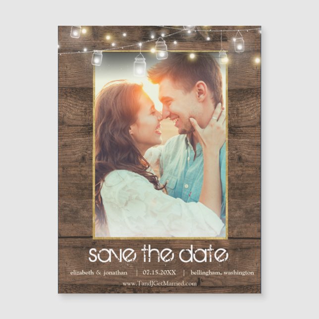 Rustic Mason Jar String Lights Photo Save The Date (Front)