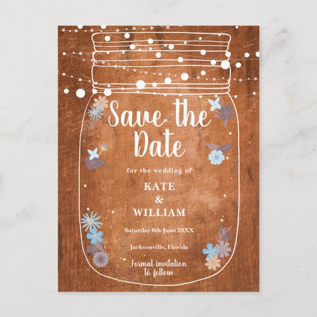 Rustic Mason Jar String Lights Save the Date Announcement Postcard (Front)