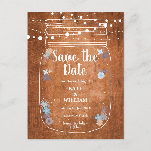 Rustic Mason Jar String Lights Save the Date Invitation Postcard (Front)