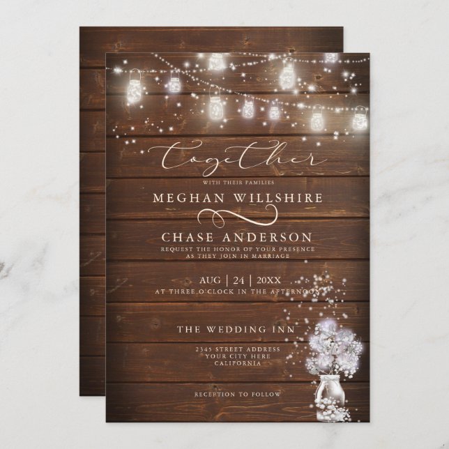 Rustic Mason Jar String Lights   theBarefootBride™ Invitation (Front/Back)
