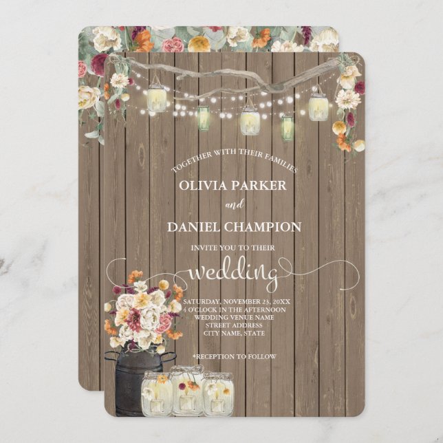 Rustic Mason Jar String Lights Watercolor Flowers  Invitation (Front/Back)