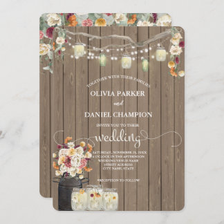 Rustic Mason Jar String Lights Watercolor Flowers Invitation