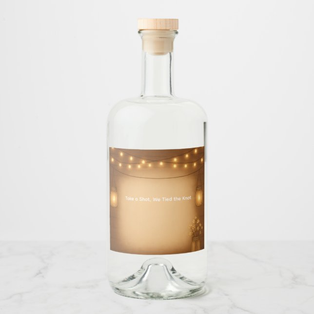 Rustic Mason Jar & String Lights Wedding Liquor Bottle Label (Front)