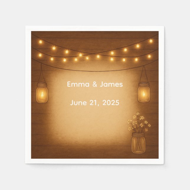 Rustic Mason Jar & String Lights Wedding Napkins (Front)