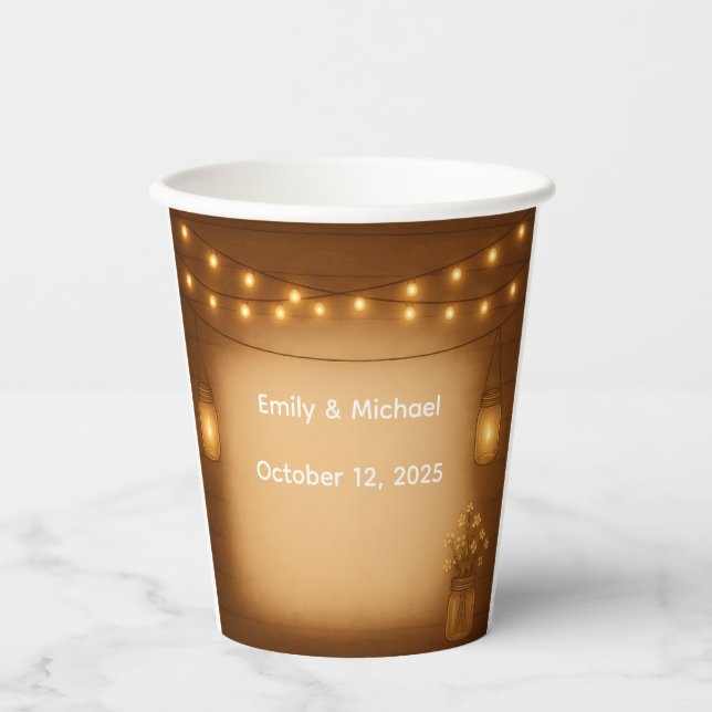 Rustic Mason Jar & String Lights Wedding Paper Cups (Front)