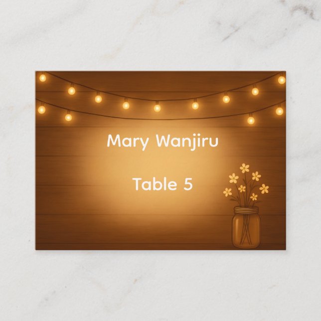 Rustic Mason Jar & String Lights Wedding Place Card (Front)