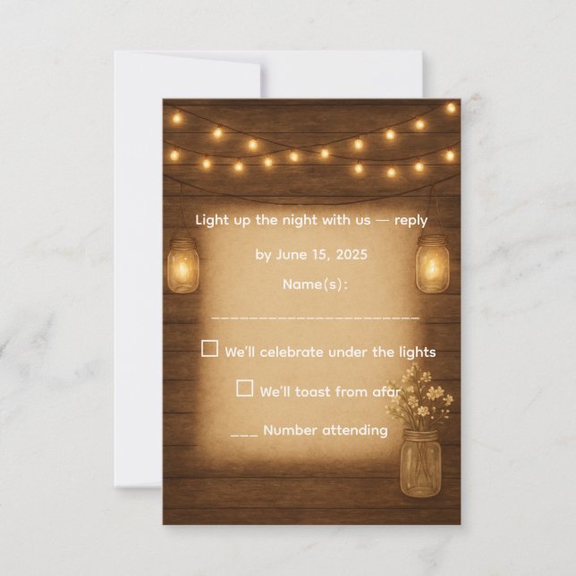 Rustic Mason Jar & String Lights Wedding RSVP Card (Front)