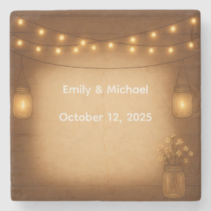 Rustic Mason Jar & String Lights wedding  Stone Coaster