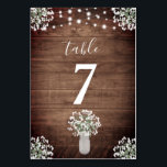 Rustic Mason Jar & String Lights Wedding Table Number<br><div class="desc">This wedding table number card design features a mason jar vase filled with baby's breath flowers on a rustic wood background accented with string lights. Click the customise button for more flexibility in modifying the text! Variations of this design as well as coordinating products are available in our shop, zazzle.com/store/doodlelulu....</div>