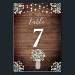 Rustic Mason Jar & String Lights Wedding Table Number<br><div class="desc">This wedding table number card design features a mason jar vase filled with baby's breath flowers on a rustic wood background accented with string lights. Click the customise button for more flexibility in modifying the text! Variations of this design as well as coordinating products are available in our shop, zazzle.com/store/doodlelulu....</div>