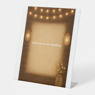 Rustic Mason Jar & String Lights Wedding Tabletop  Pedestal Sign