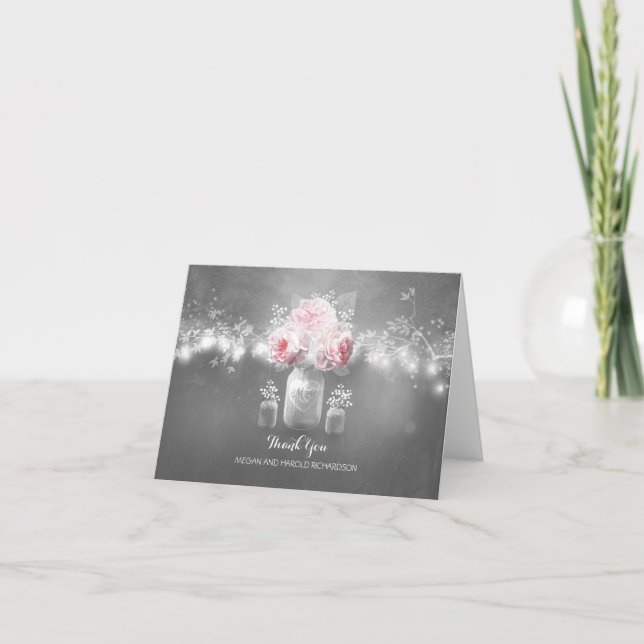 Rustic Mason Jar String Lights Wedding Thank You Card (Front)