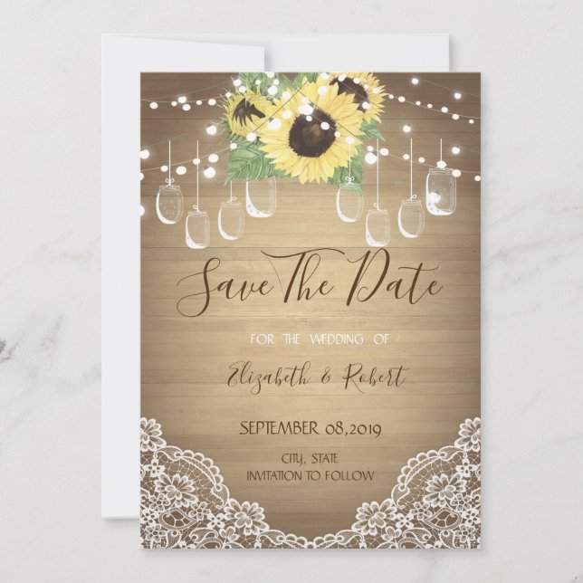 Rustic Mason Jar, Sunflower, Lace Save The Date (Front)