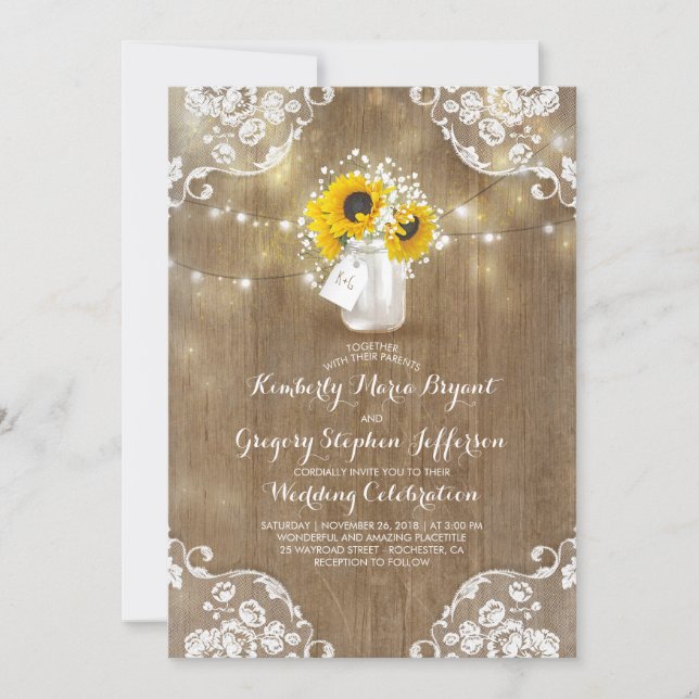 Rustic Mason Jar Sunflower Wedding Invitations (Front)