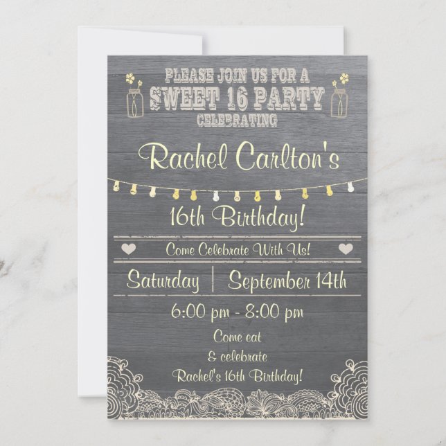 Rustic Mason Jar Sweet 16Birthday Party Invite (Front)