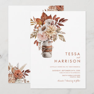 Rustic Mason Jar Watercolor Floral Wedding Invitation