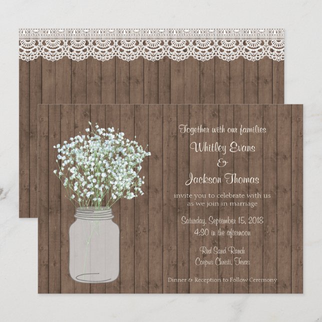 Rustic Mason Jar Wedding Invitation on Wood (Front/Back)