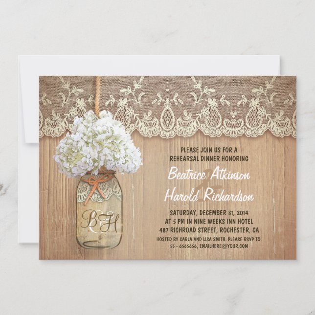 rustic mason jar white hydrangea rehearsal dinner invitation (Front)