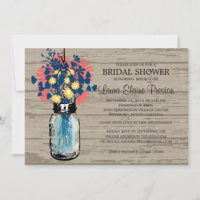 Rustic Mason Jar Wildflowers Bridal Shower Invitation (Front)