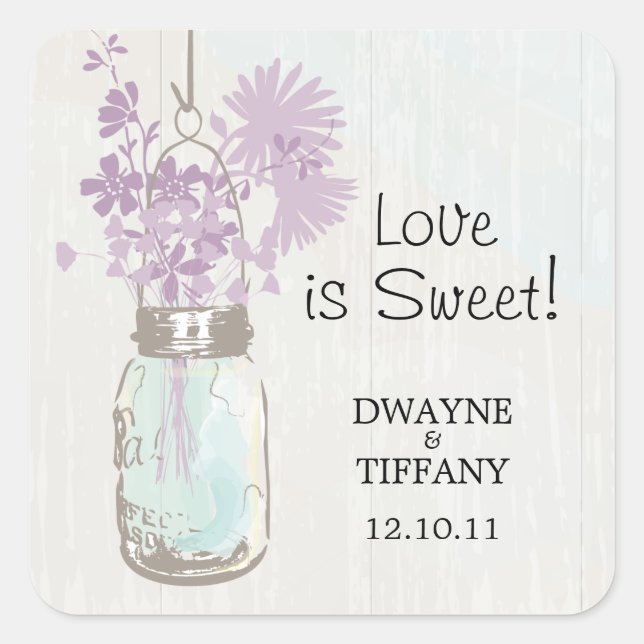Rustic Mason Jar & Wildflowers Square Sticker (Front)
