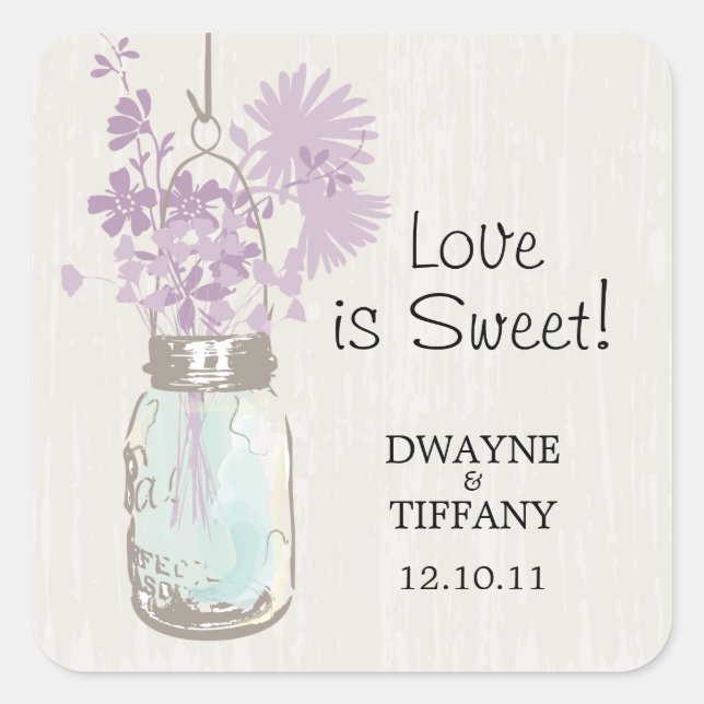 Rustic Mason Jar & Wildflowers Square Sticker (Front)
