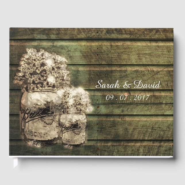 Rustic Mason Jar with Babies Breath Guest Book (Front)