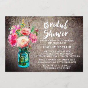 Rustic Mason Jar with Flower Bouquet Bridal Shower Invitation