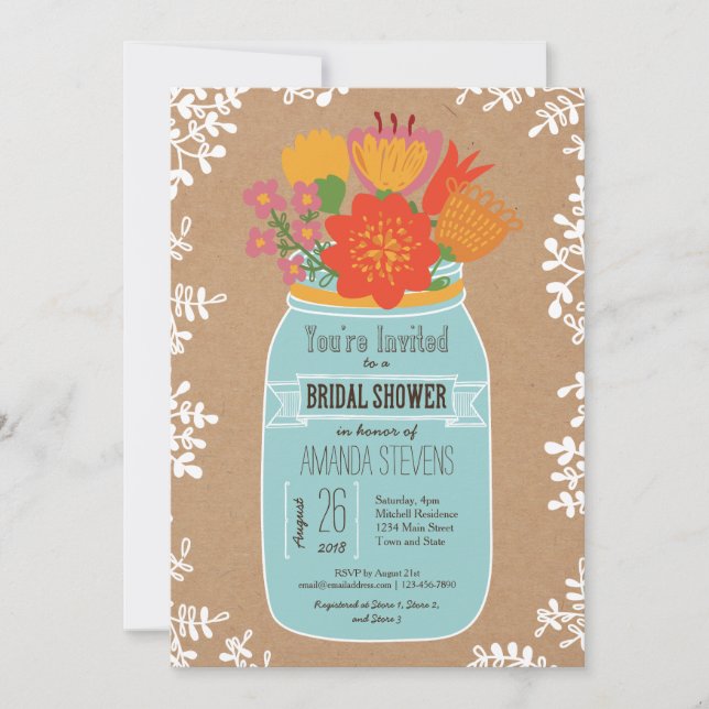 Rustic Mason Jar with Flowers Bridal Shower Invitation (Front)