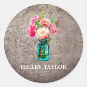 Rustic Mason Jar with Flowers Name Classic Round Sticker